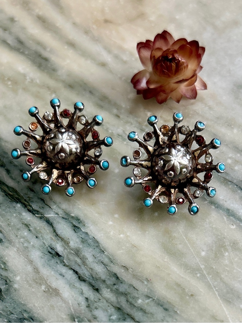 Early Trifari Sterling and Gemstone Starburst Earrings